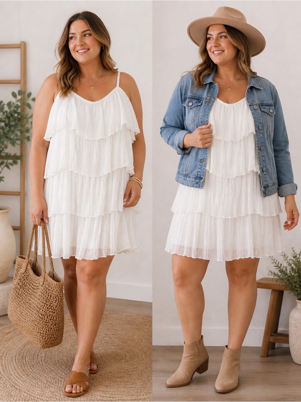 Lena White Tiered Spaghetti-Strap Mini Dress with Ruffled Layers